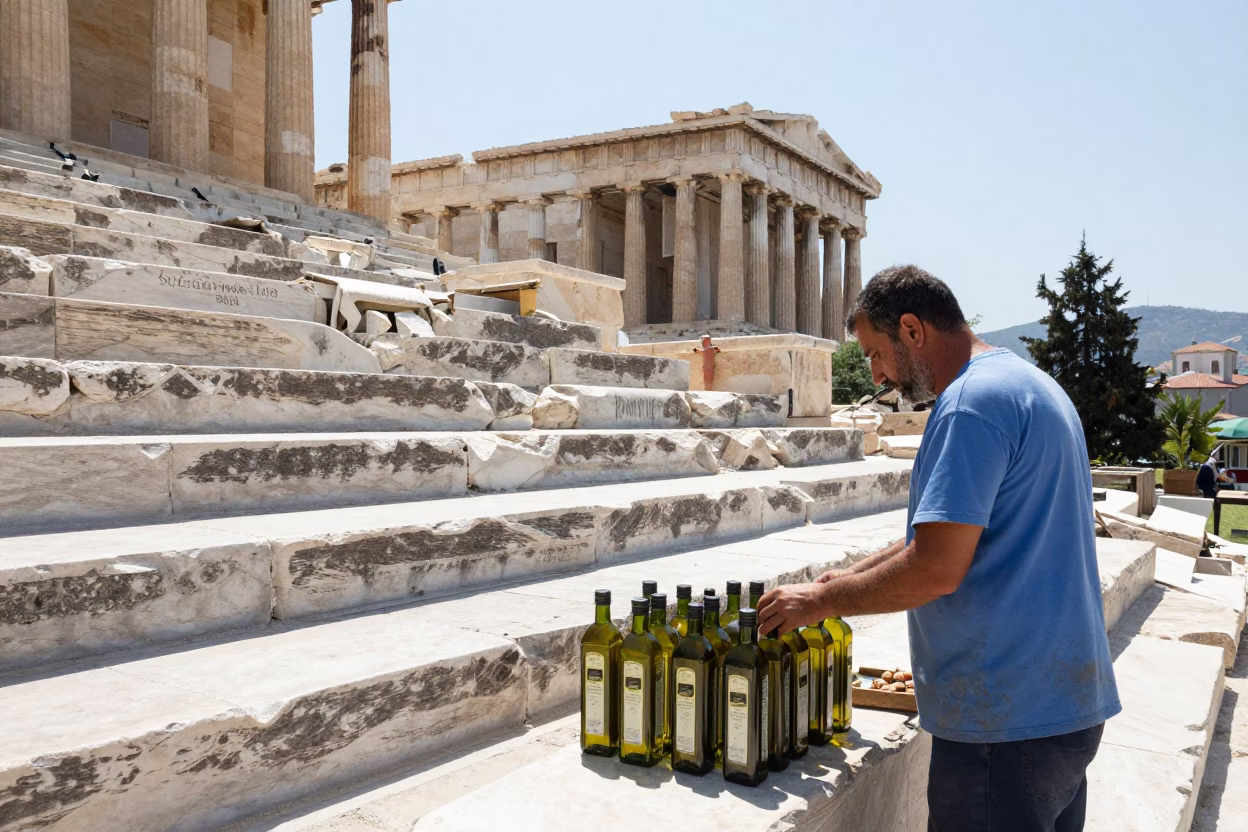 Noon Light on Athens Acropolis Steps with Local Vendor and Tourists in in Athens, Greece