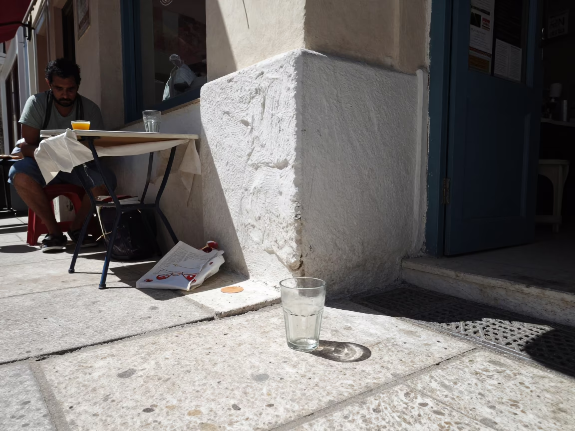 Noon Light on Athens Street Corner with Glass Cup and Scattered Items in in Athens, Greece
