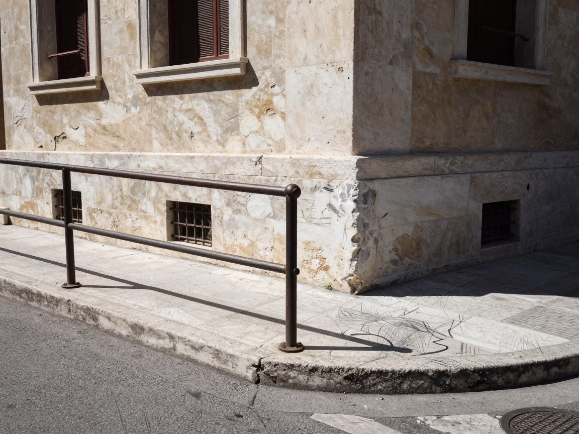 Noon Light on Athens Street Corner with Scratched Rail and Door Latch in in Athens, Greece