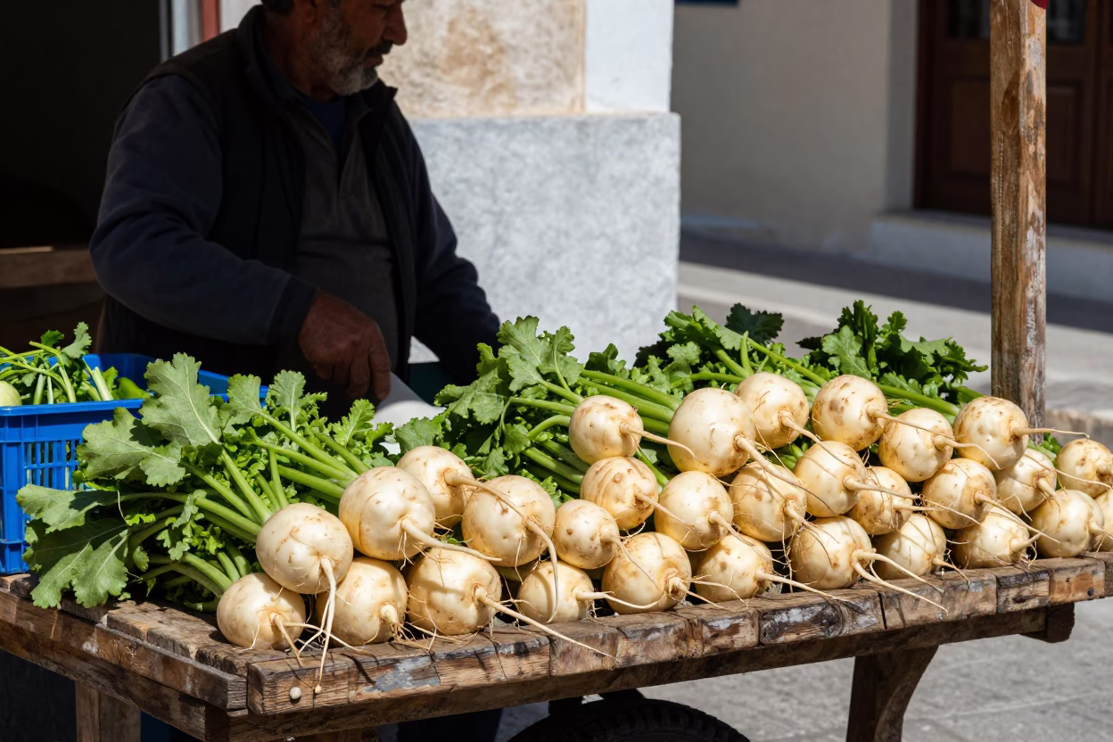 Noon light on Athens street vendor selling turnips and stacked ceramic plates in in Athens, Greece