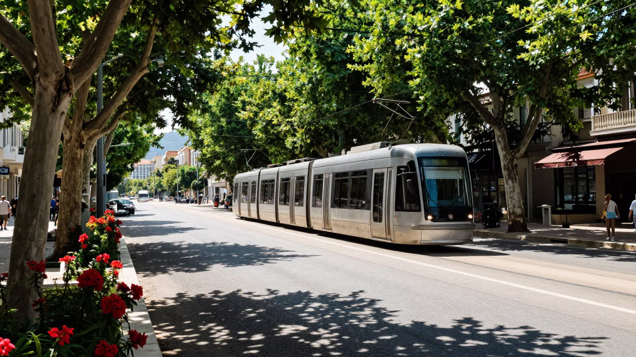 Noon light on Athens street with tramcar and flowering plant in in Athens, Greece