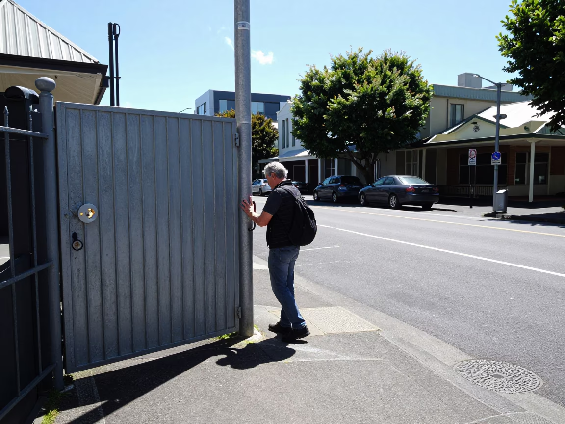 Noon Light on Auckland Street Corner with Gate Handle and Urban Details in in Auckland, New Zealand