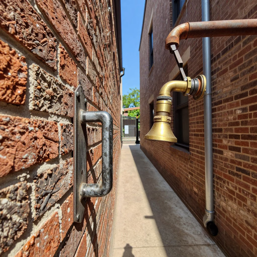 Noon Light on Austin Texas Brick Alleyway Gate Handle and Hose Nozzle in in Austin, Texas, United States