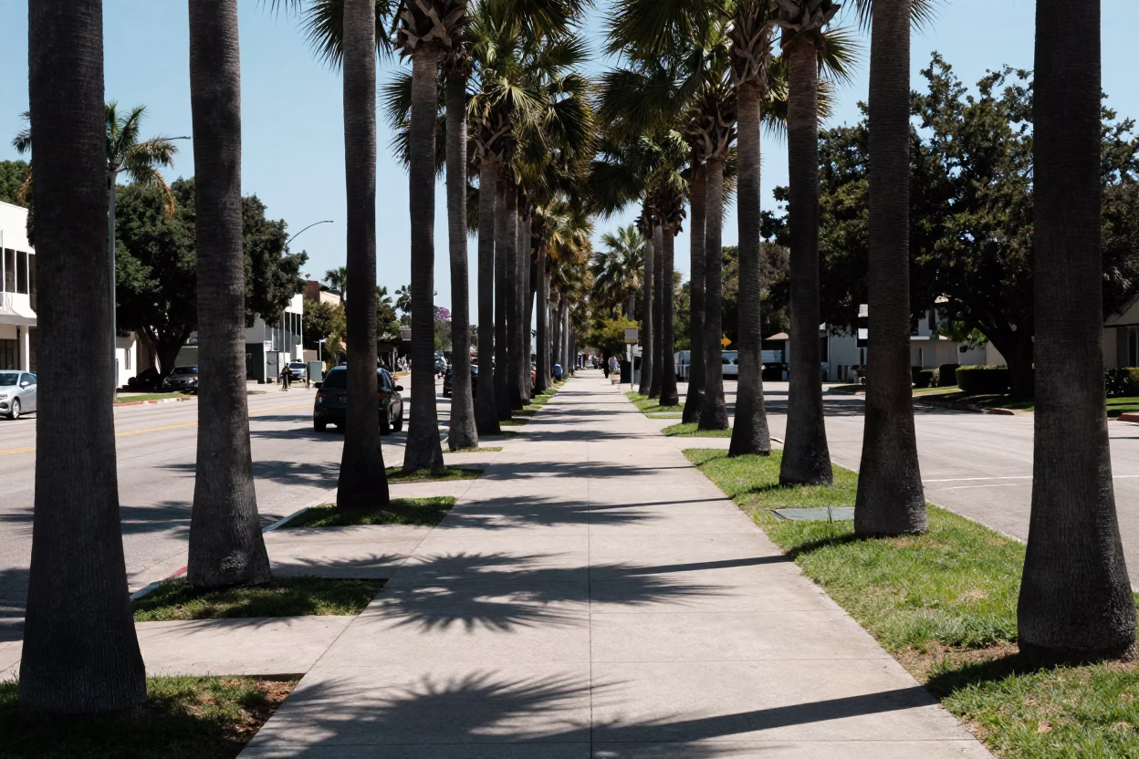 Noon Light on Austin Texas Sidewalk with Palm Trees and Casual Pedestrians in in Austin, Texas, United States