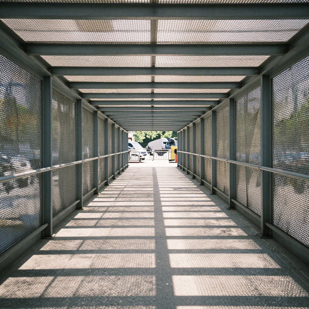 Noon Light on Beijing Pedestrian Overpass with Perforated Metal and Wet Footsteps in in Beijing, China