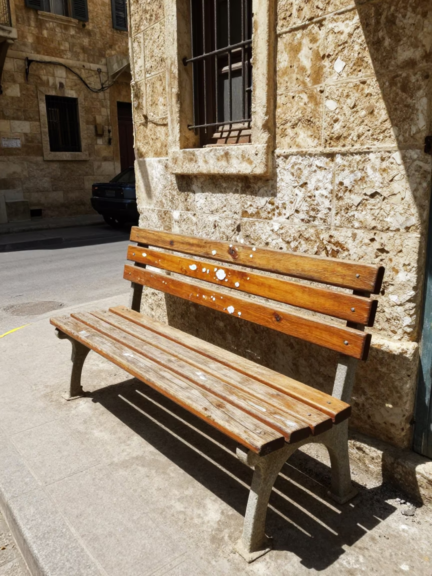 Noon light on Beirut street corner with weathered wooden bench and peeling paint details in in Beirut, Lebanon
