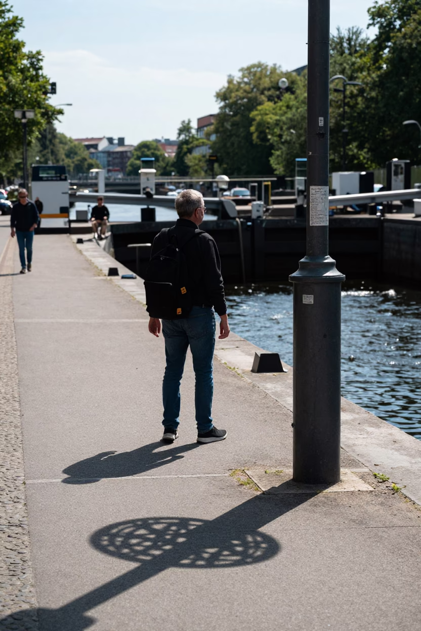 Noon Light on Berlin Street Corner with Wicker Shadow and Canal Lock Gate in in Berlin, Germany