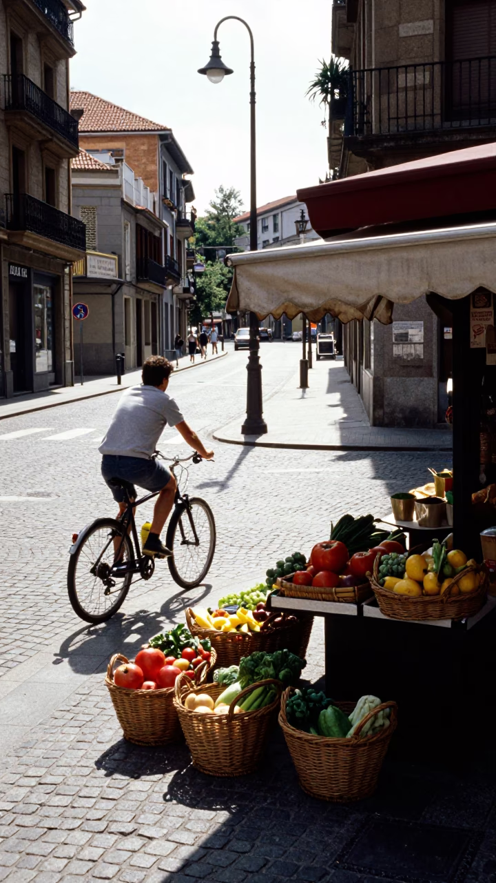 Noon Light on Bilbao Street Corner with Cyclist and Woven Market Baskets in in Bilbao, Spain