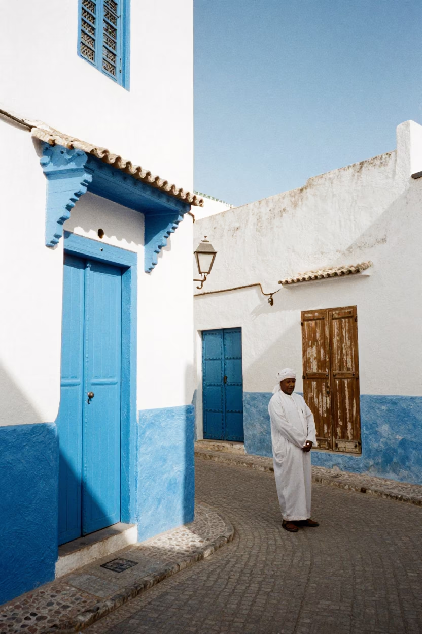 Noon Light on Blue And White Architecture In Essaouira Morocco Street Scene in in Essaouira, Morocco
