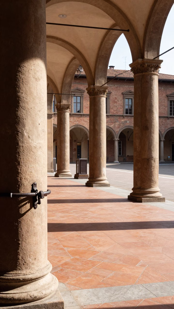 Noon light on Bologna porticoes with iron deadbolt and bicycle rack in in Bologna, Italy