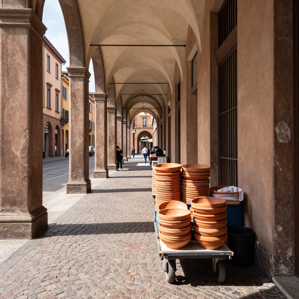 Noon light on Bologna porticoes with terracotta bowls and street life in in Bologna, Italy