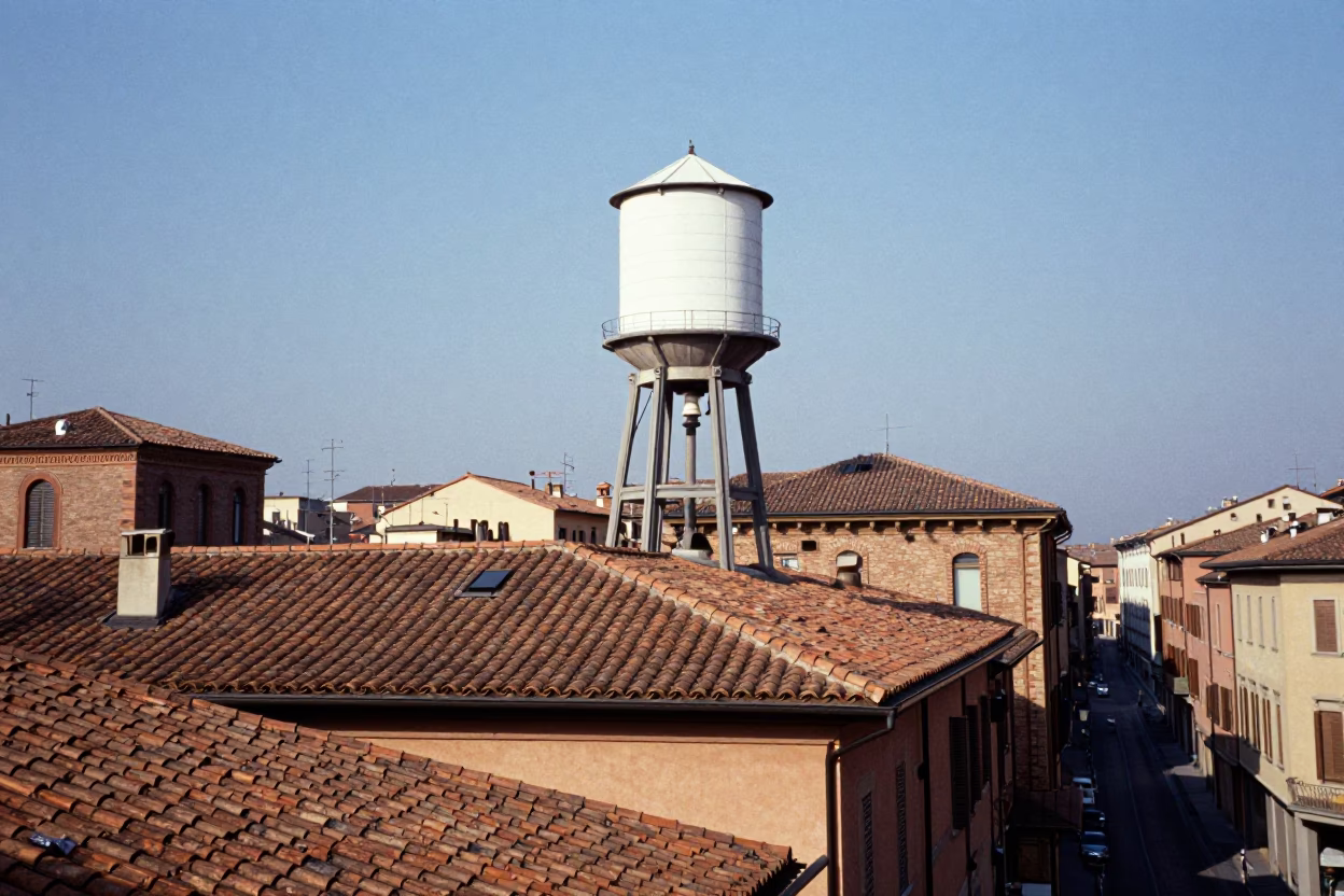 Noon Light on Bologna Rooftop Water Tower and Street Life in in Bologna, Italy