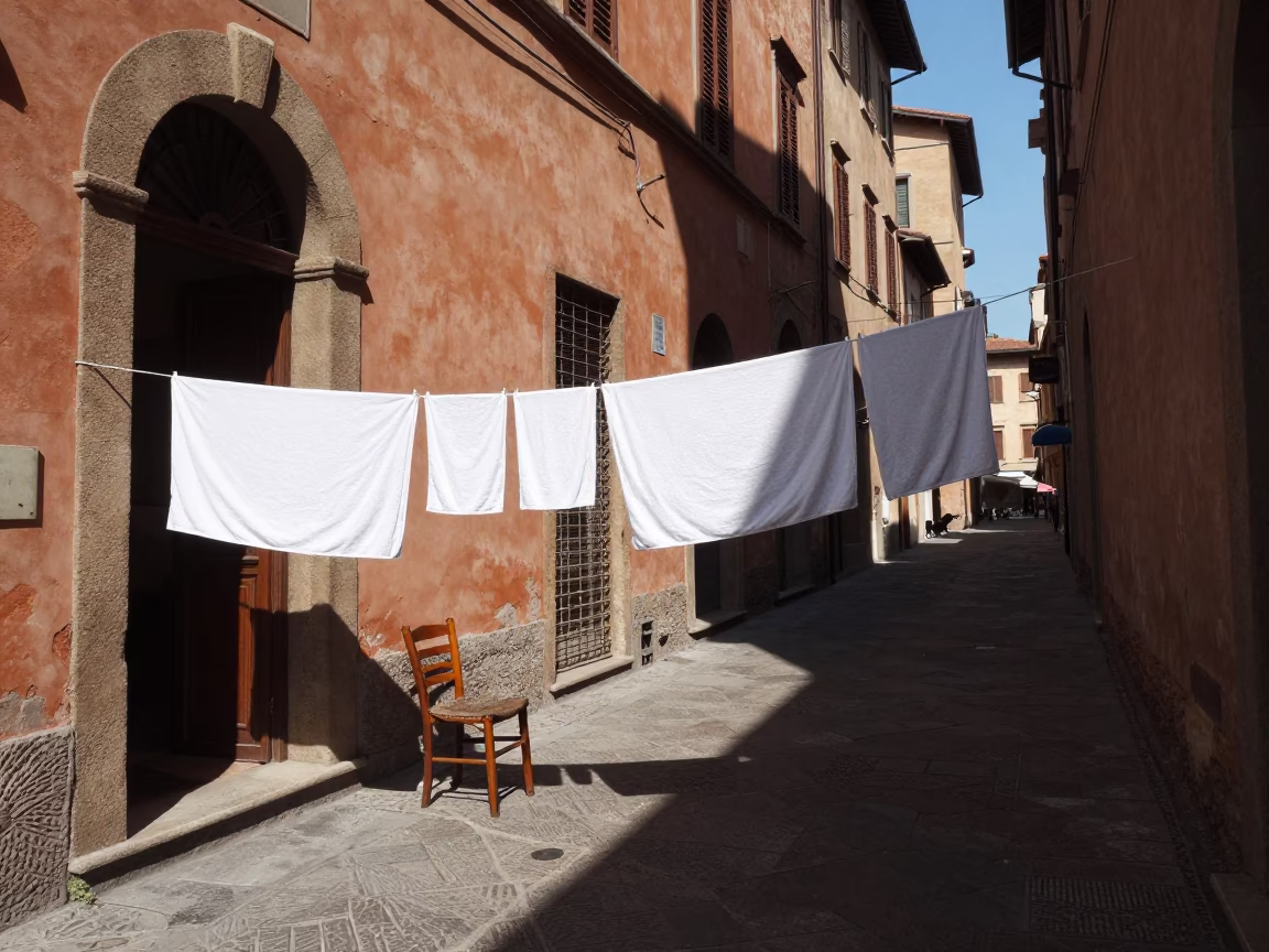 Noon Light on Bologna Street with Drying Towels and Ladder-Back Chair in in Bologna, Italy