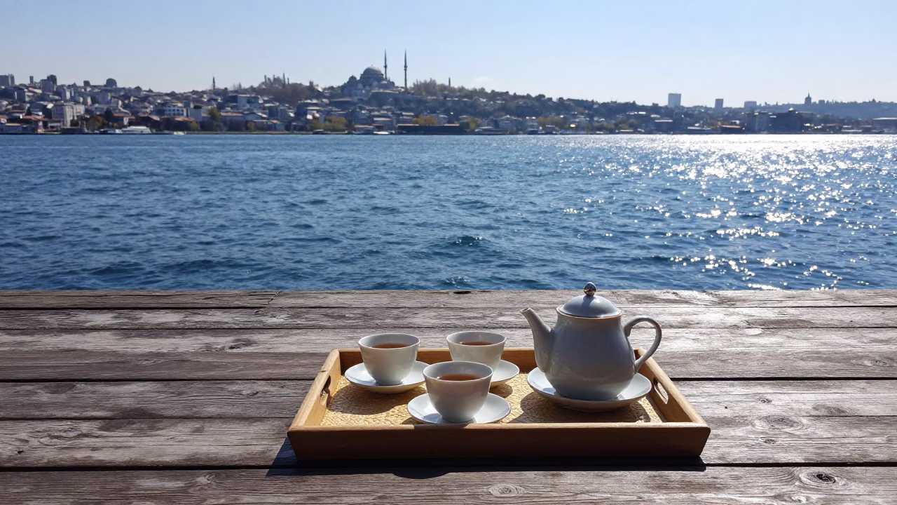 Noon Light on Bosphorus Terrace with Tea Tray and Rattan Chair in in Istanbul, Turkey