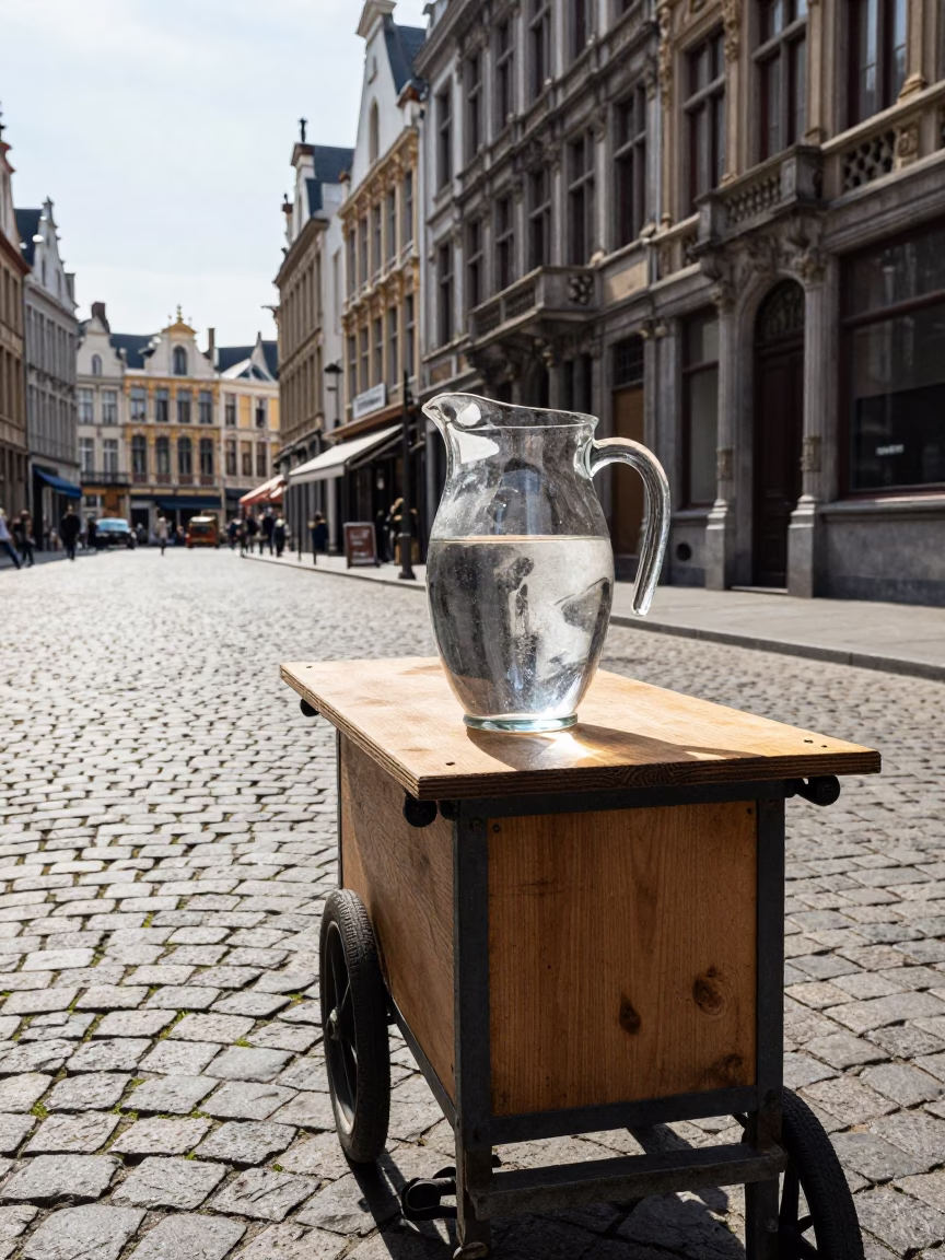 Noon Light on Brussels Cobblestone Street with Glass Pitcher and Casual Pedestrians in in Brussels, Belgium