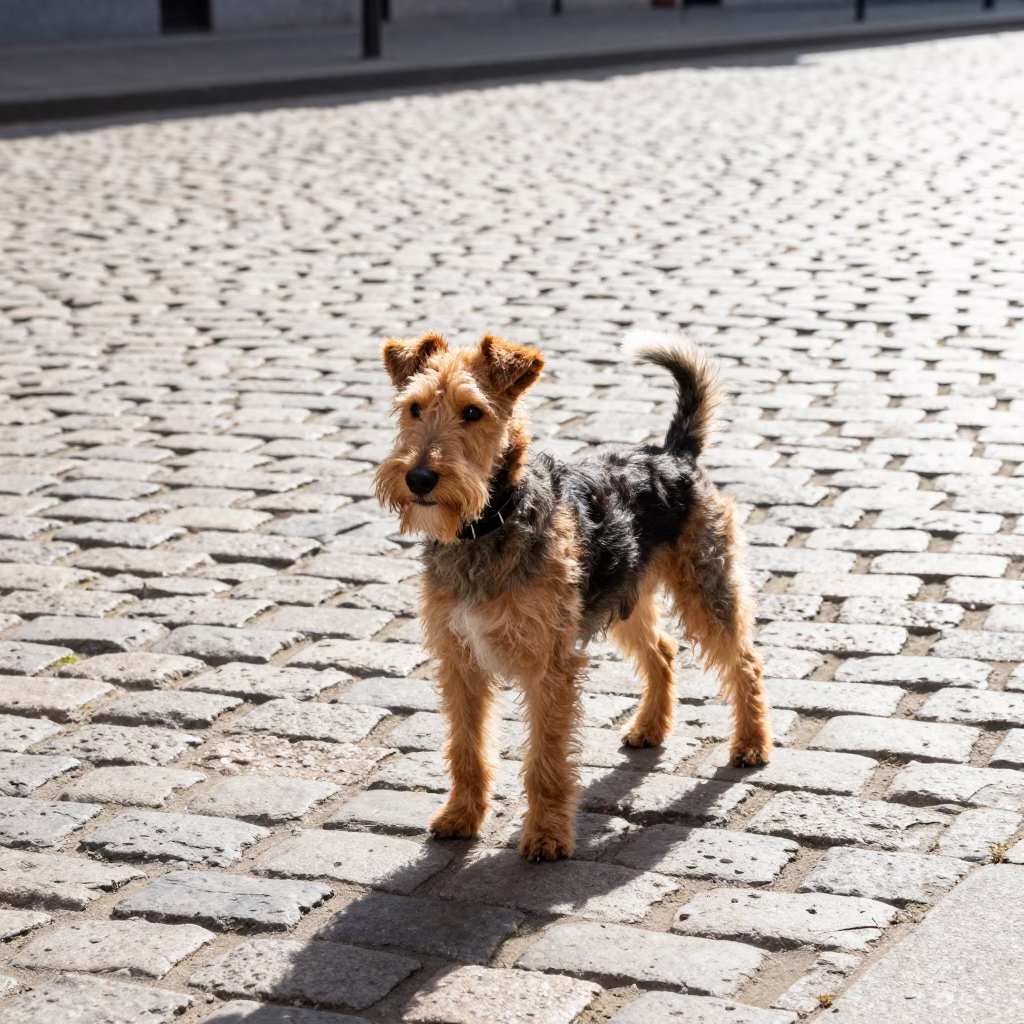 Noon light on Brussels cobblestones with Toy Fox Terrier and vintage hatbox in in Brussels, Belgium