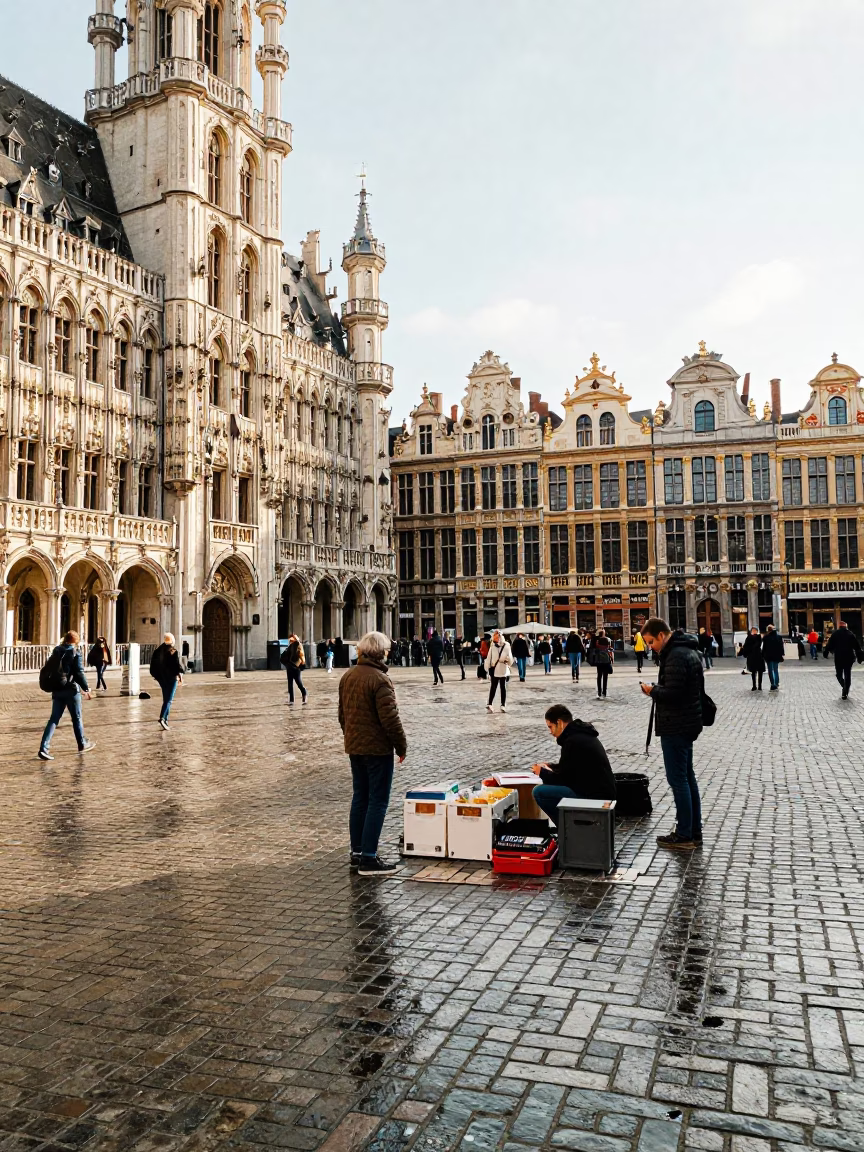 Noon Light on Brussels Grand Place Cobblestones with Tourist Market Stall in in Brussels, Belgium