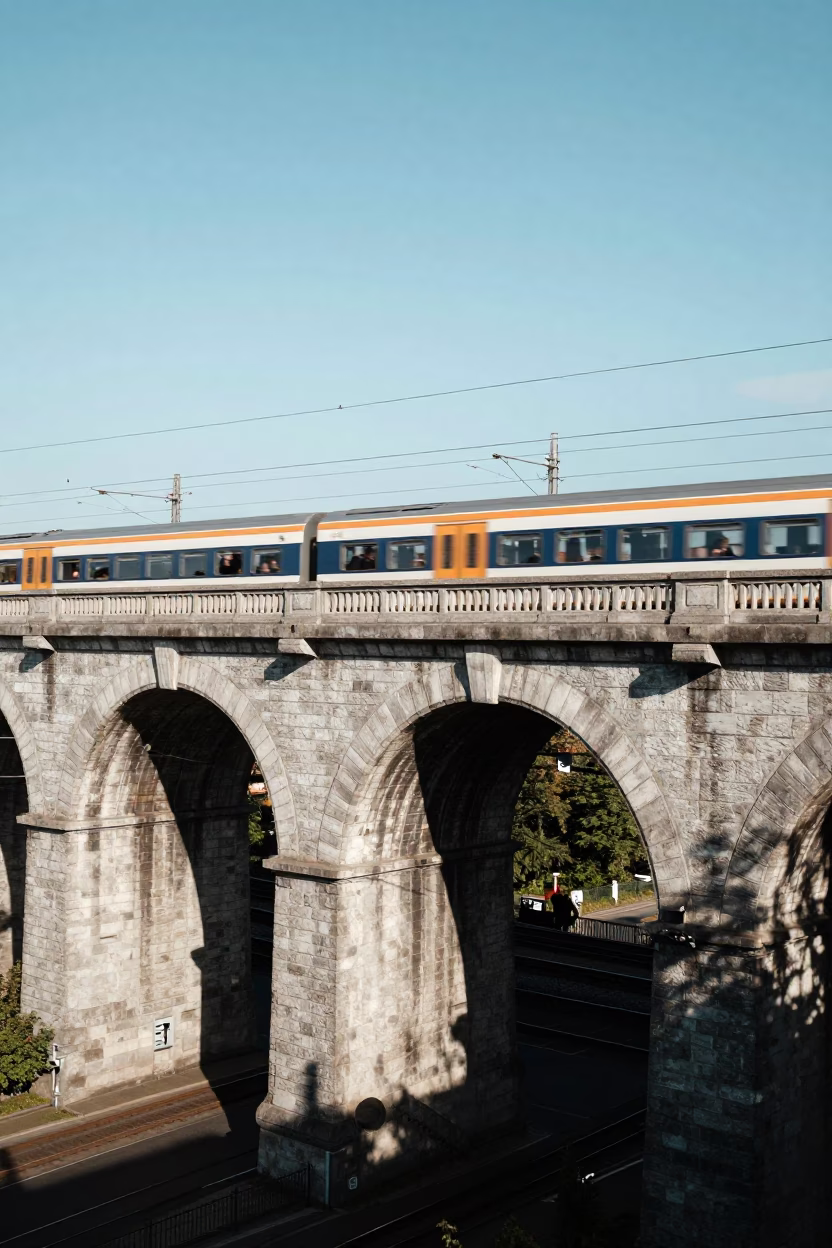 Noon Light on Brussels Railway Viaduct with Passing Train and Terracotta Pot Detail in in Brussels, Belgium