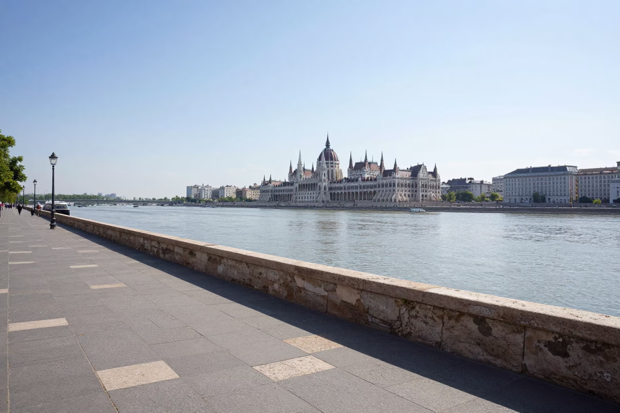 Noon Light on Budapest Danube Promenade with Blue and White Porcelain and Storage Tins in in Budapest, Hungary