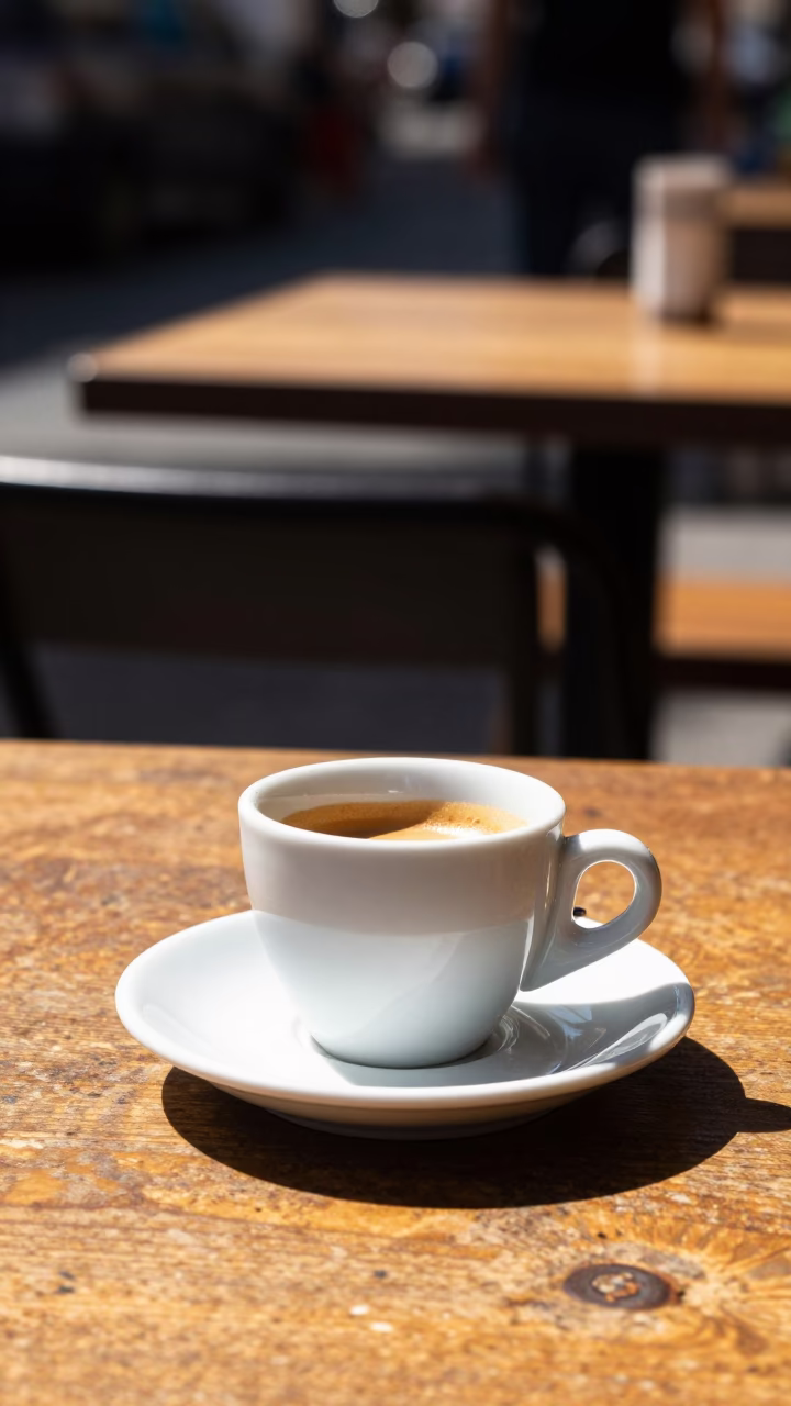Noon Light on Buenos Aires Cafe Table with Espresso Cup and Local Street View in in Buenos Aires, Argentina