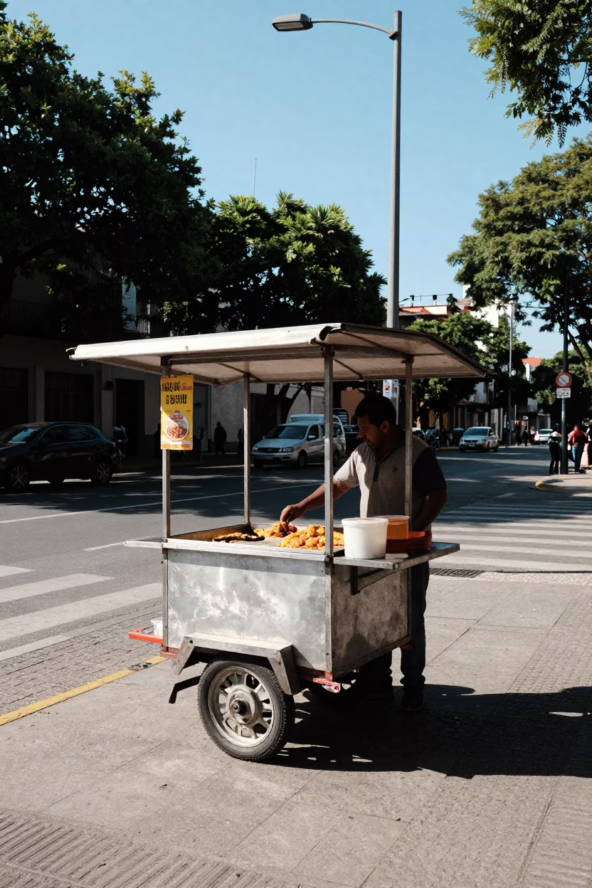 Noon Light on Buenos Aires Plaza Street Corner with Koshari Plate and Tongs in in Buenos Aires, Argentina