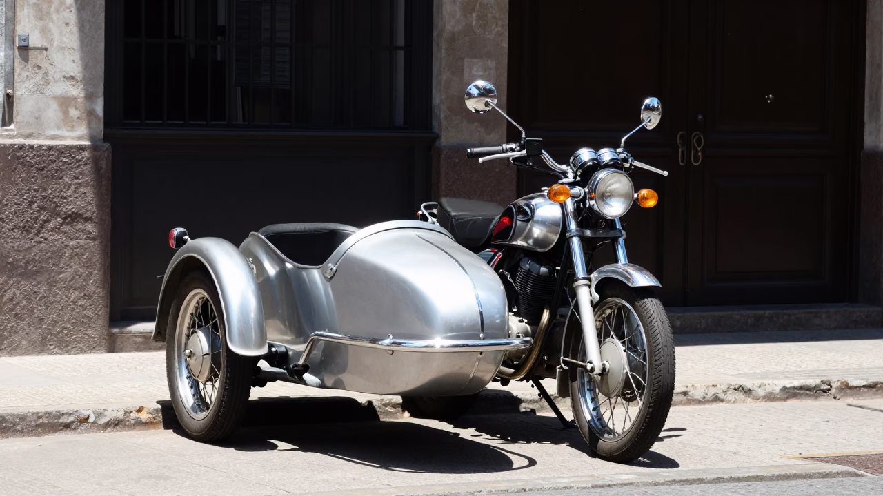Noon Light on Buenos Aires Street Corner with Vintage Motorcycle and Sidecar in in Buenos Aires, Argentina