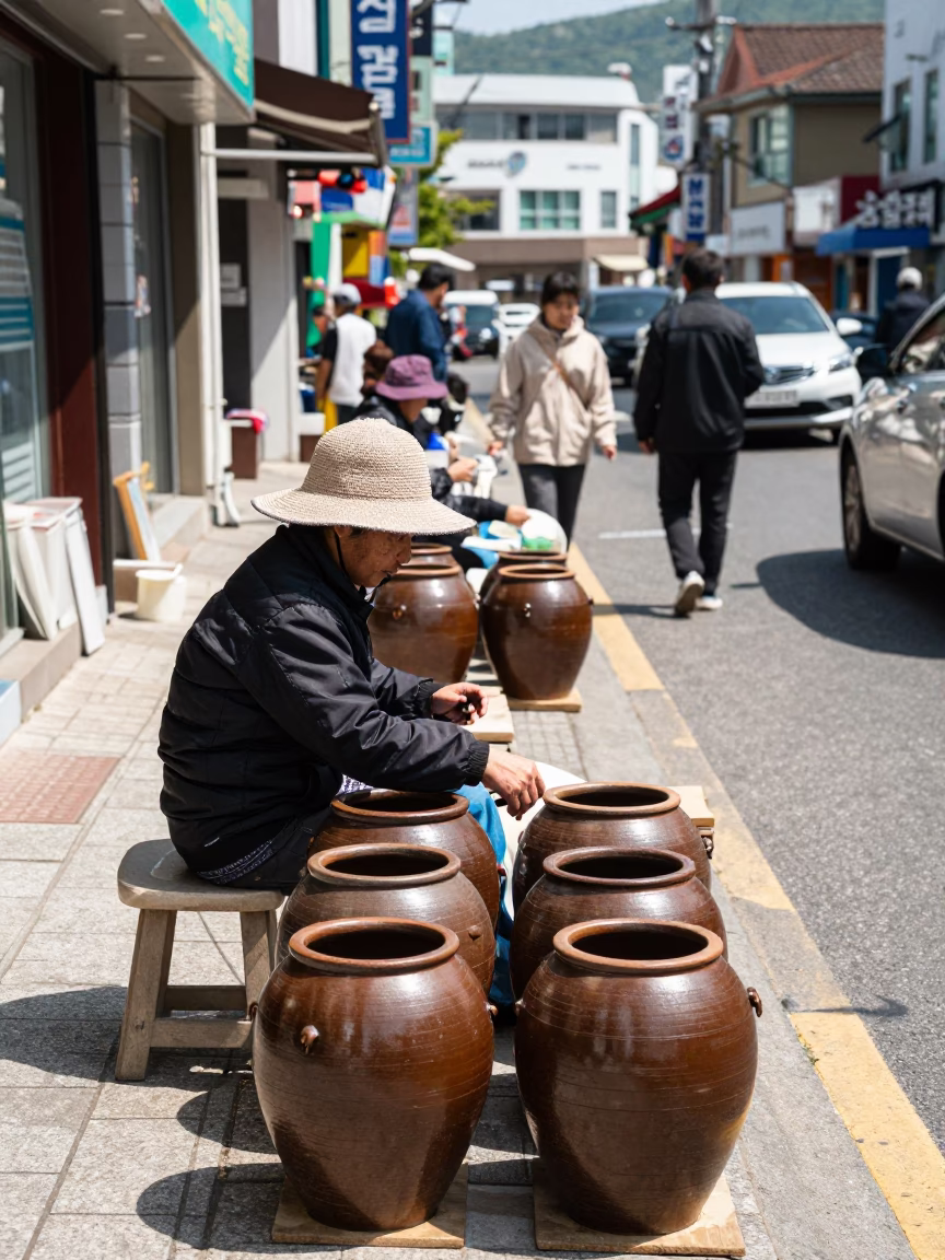 Noon light on Busan street vendors selling stoneware crocks and fresh lemons in in Busan, South Korea