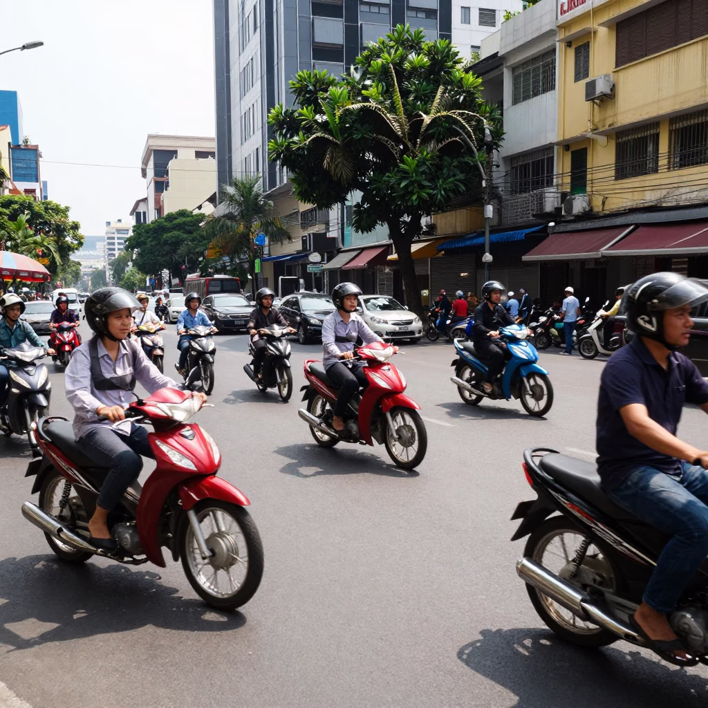 Noon Light on Busy Ho Chi Minh City Street with Motorbikes and Concrete Architecture in in Ho Chi Minh City, Vietnam
