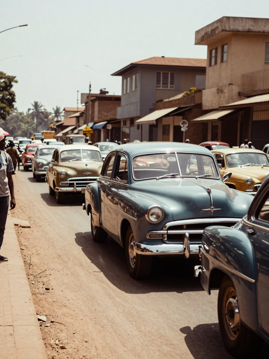 Noon Light on Busy Nairobi Street with Vintage Cars and Dusty Windows in in Nairobi, Kenya