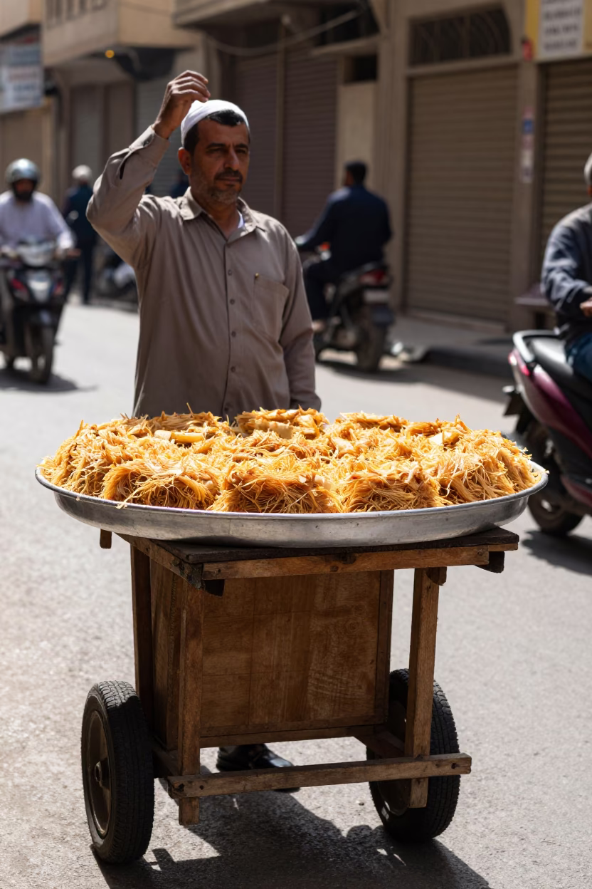 Noon Light on Cairo Street with Knafeh Tray and Pistachio Garnish in in Cairo, Egypt