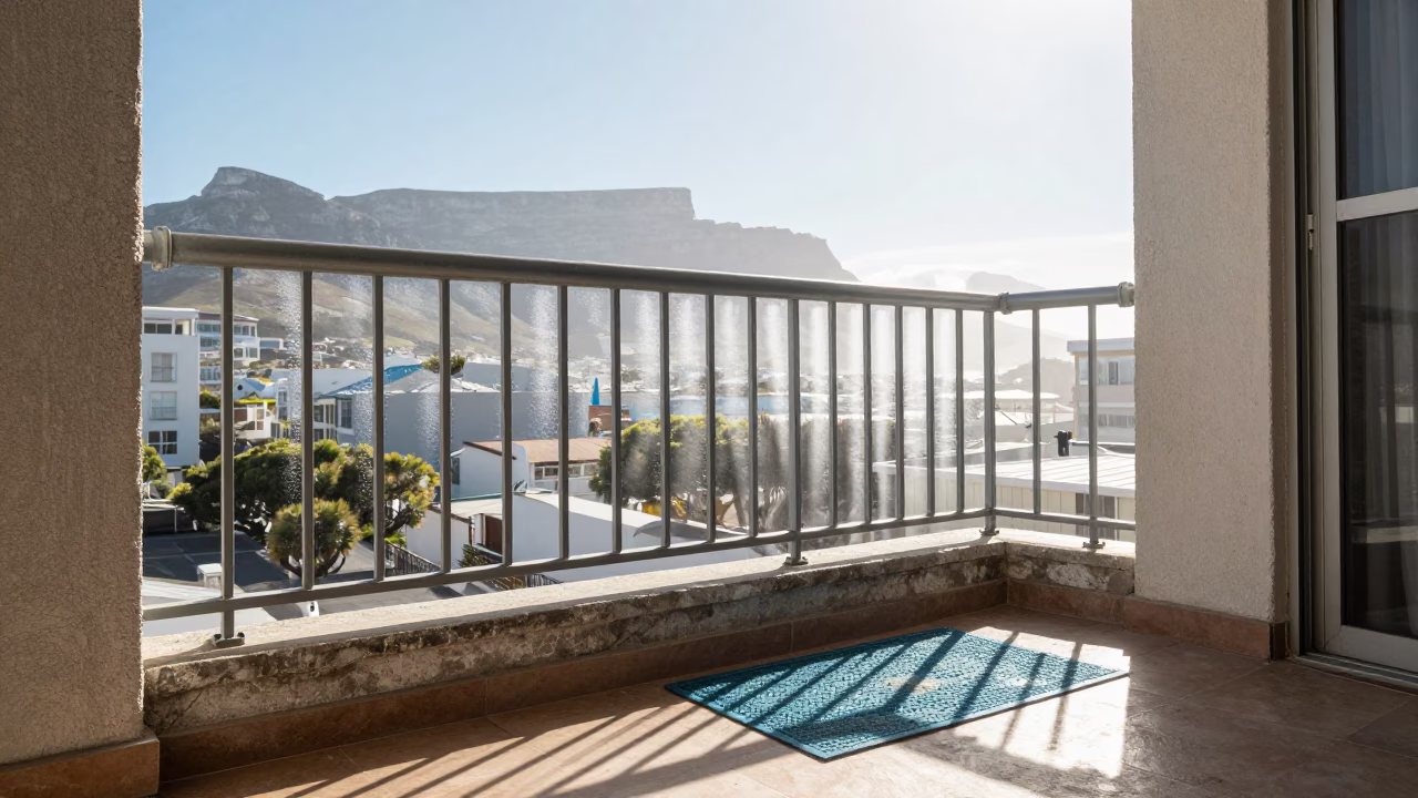 Noon Light on Cape Town Apartment Balcony with Condensation and Doormat in in Cape Town, South Africa