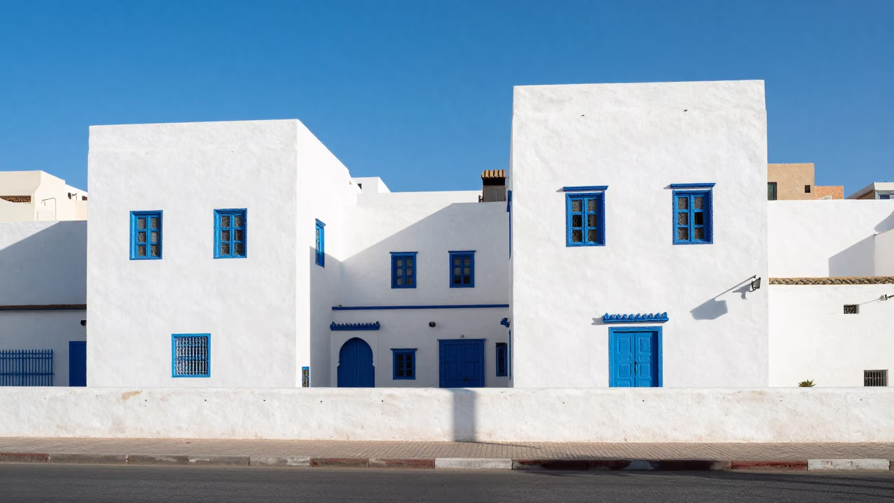 Noon Light on Casablanca Corniche with White Walls and Blue Accents in in Casablanca, Morocco