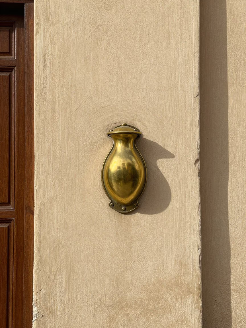 Noon Light on Casablanca Street Corner Brass Escutcheon and Brushed Steel Sill Edge in in Casablanca, Morocco