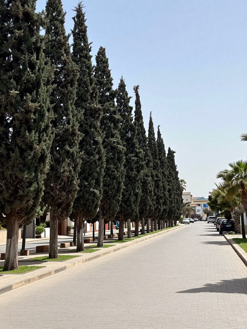 Noon Light on Casablanca Street with Cypress Trees and Vintage Motorcycle in in Casablanca, Morocco