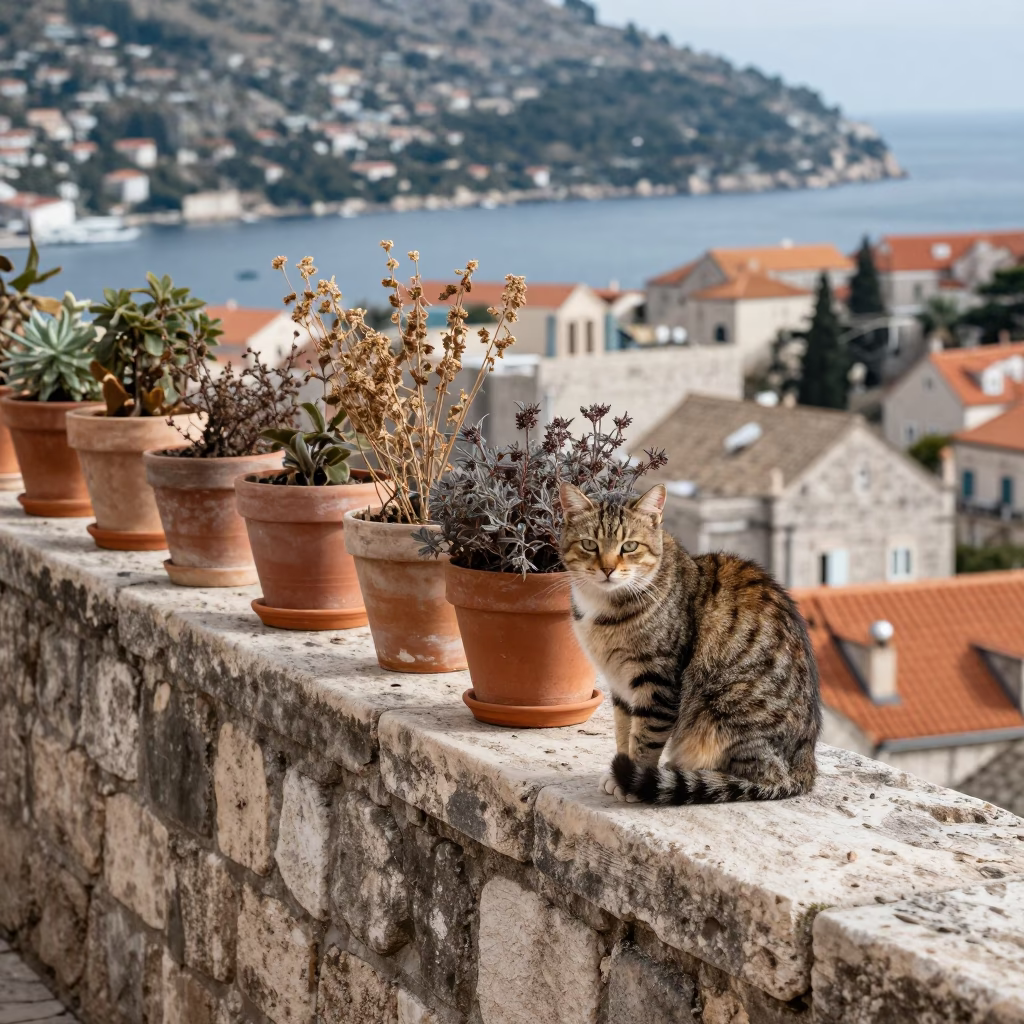 Noon Light on Cat in in Dubrovnik, Croatia