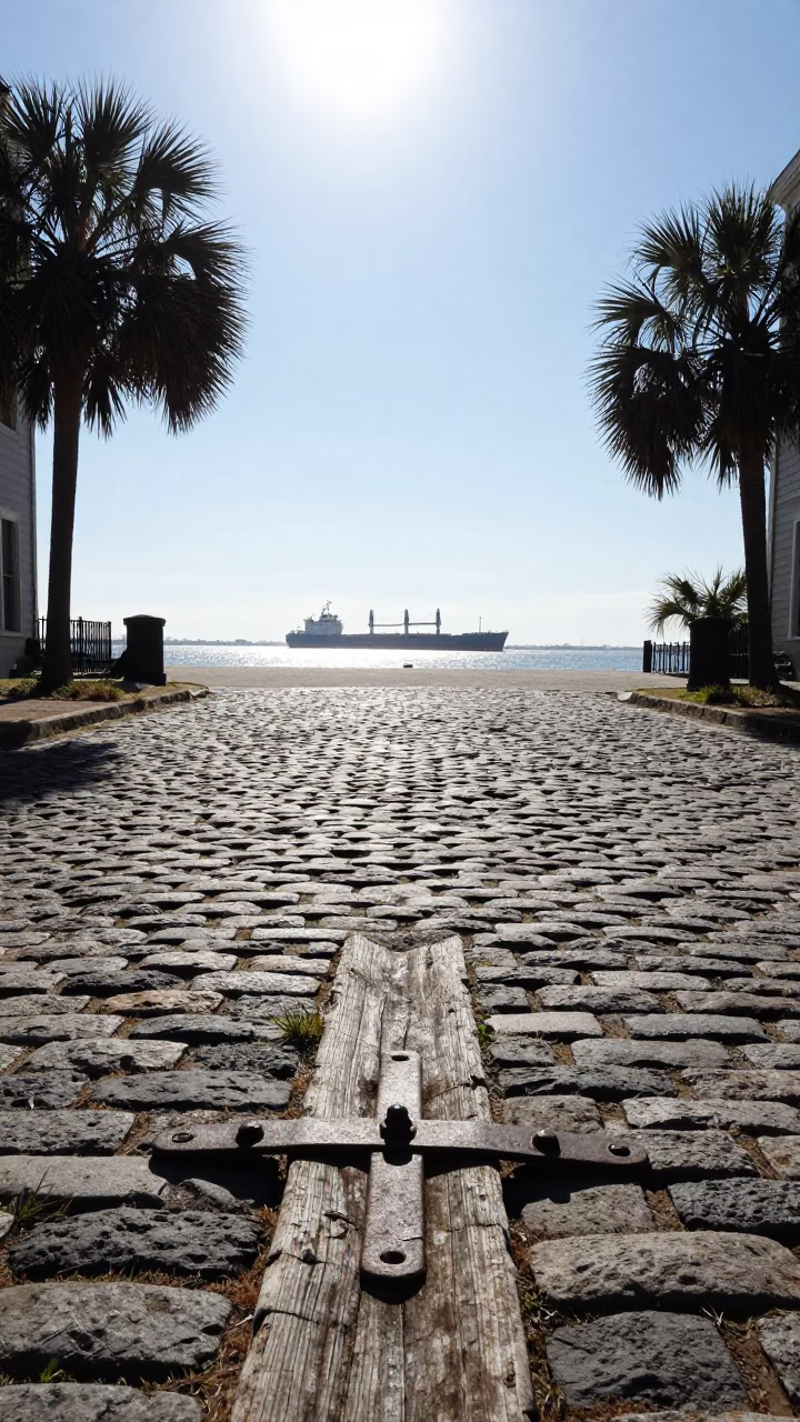 Noon Light on Charleston Cobblestones with Cargo Ship Horizon and Iron Hinge Details in in Charleston, South Carolina, United States