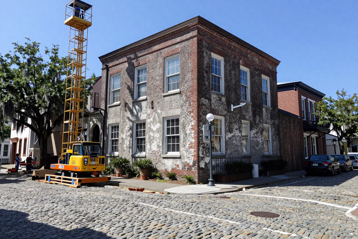 Noon Light on Charleston Cobblestones with Construction Elevator and Rebar Bundles in in Charleston, South Carolina, United States