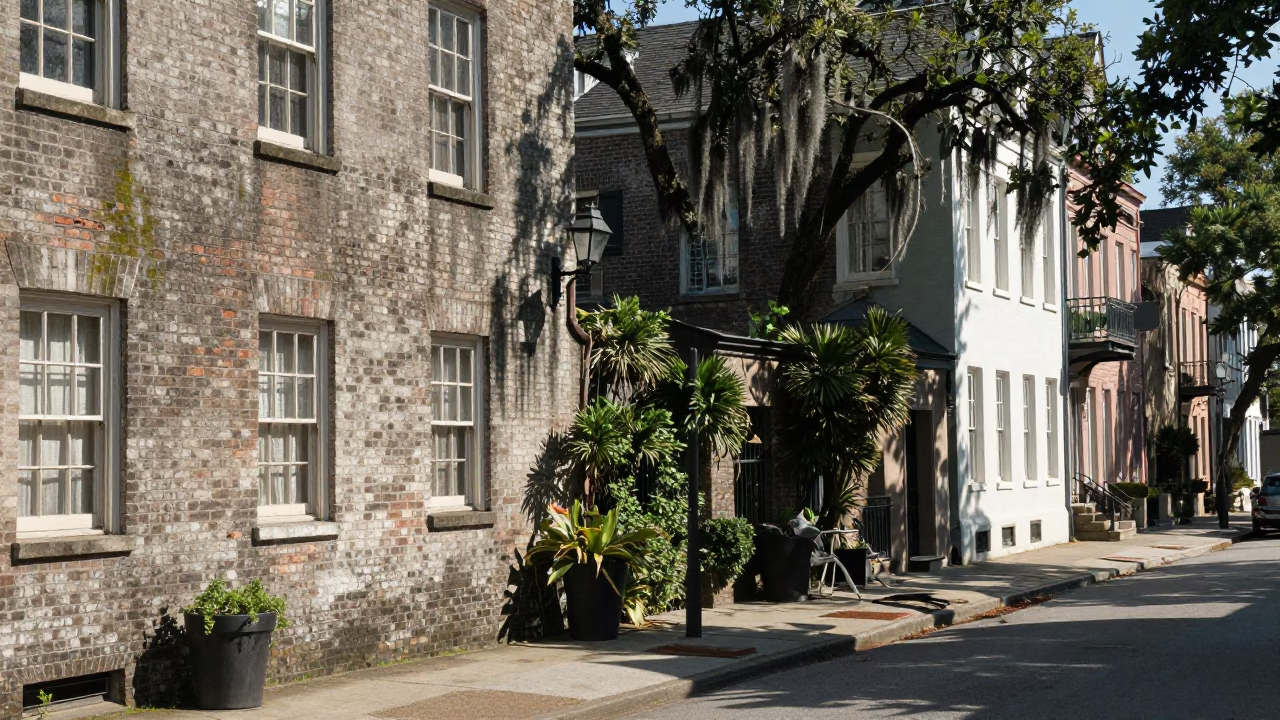 Noon Light on Charleston Street with Mossy Walls and Weeping Willow Reflections in in Charleston, South Carolina, United States