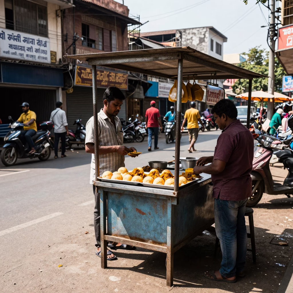Noon light on Chennai street corner with food vendor and traffic in in Chennai, India