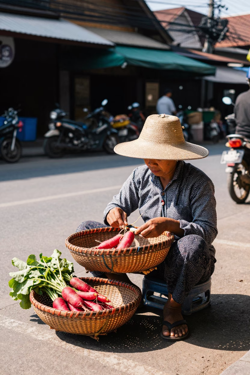 Noon Light on Chiang Mai Street Vendor Mending Basket with Radishes and Wicker Shadow in in Chiang Mai, Thailand