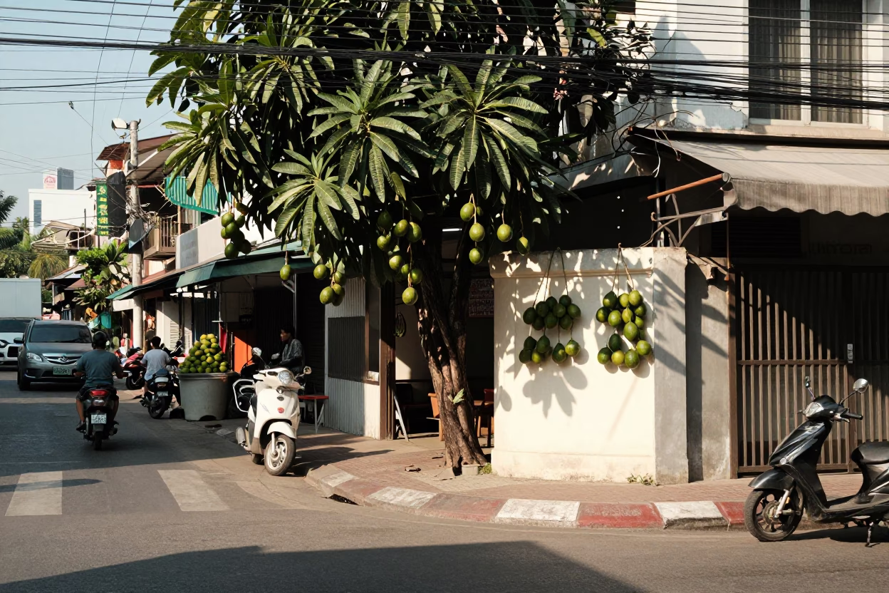 Noon light on Chiang Mai street with avocados and wall shelf in 1970s Thailand in in Chiang Mai, Thailand