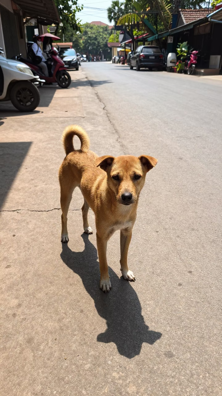 Noon Light on Chiang Mai Street with Brown Dog and Rolling Carts in in Chiang Mai, Thailand