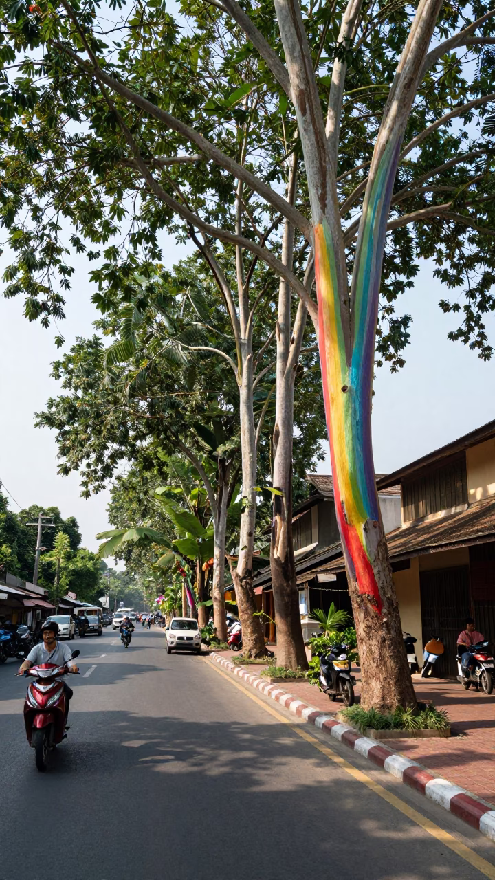 Noon light on Chiang Mai street with rainbow eucalyptus and local market activity in in Chiang Mai, Thailand