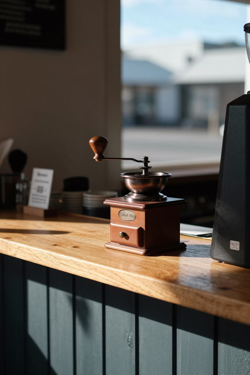 Noon Light on Christchurch Cafe Counter with Vintage Coffee Grinder and Rusty Hinge Details in in Christchurch, New Zealand