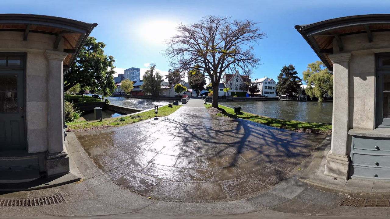 Noon Light on Christchurch Flagstones Near Avon River with Wicker Shadow in in Christchurch, New Zealand