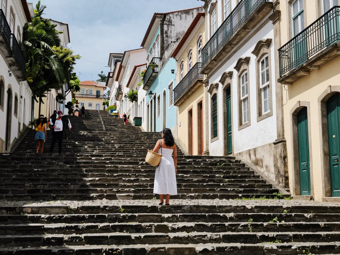 Noon Light on Colonial Stairs in Salvador Brazil with Local Street Details in in Salvador, Brazil