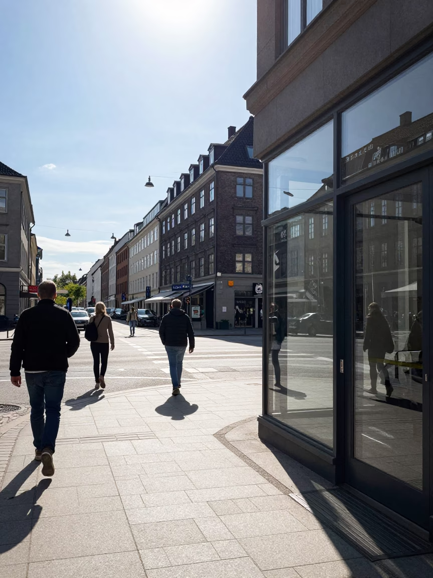Noon Light on Copenhagen Street Corner with Clear Glass Doorframe and Urban Pedestrians in in Copenhagen, Denmark