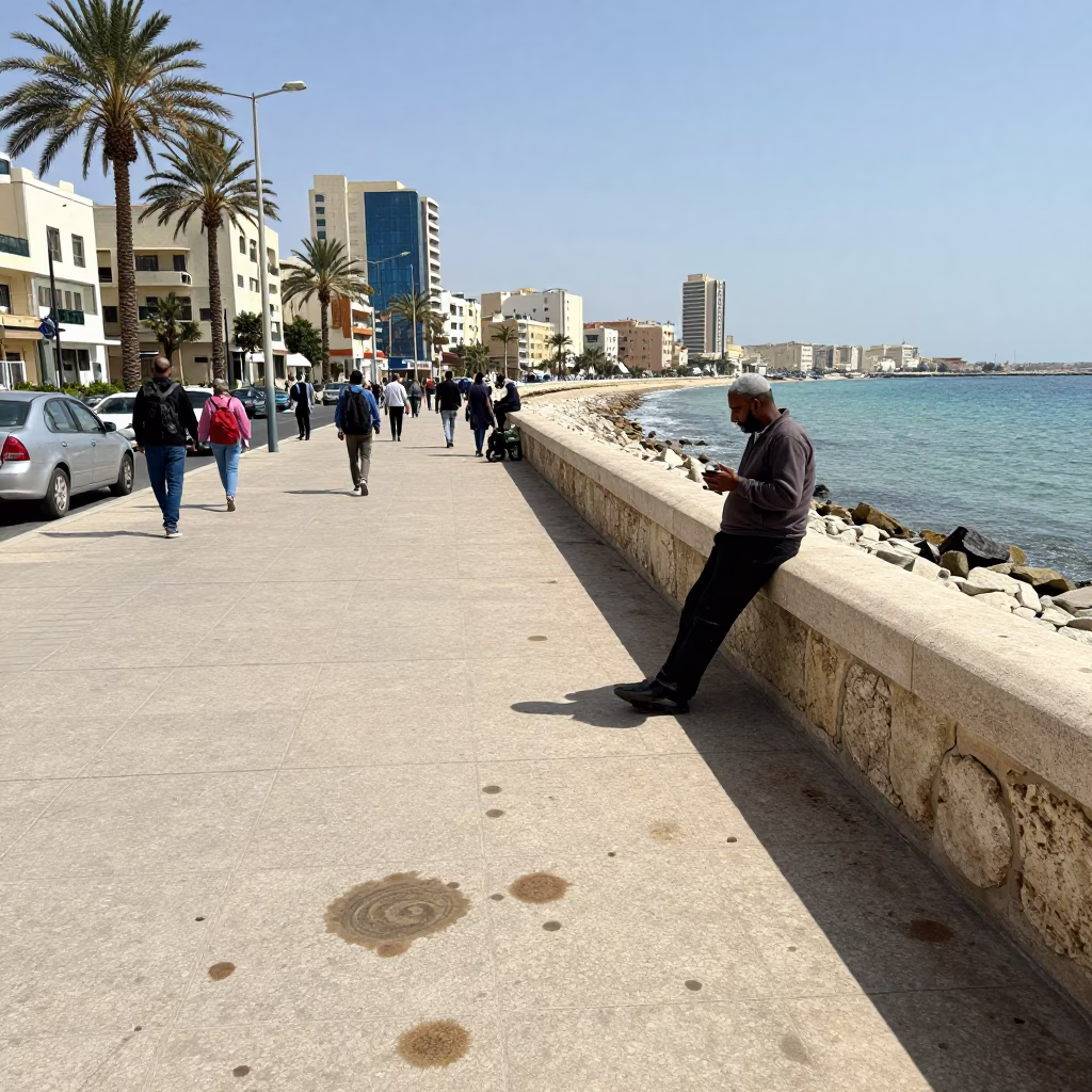 Noon light on Corniche promenade with tea stains on drain and fruit vendor in in Alexandria, Egypt