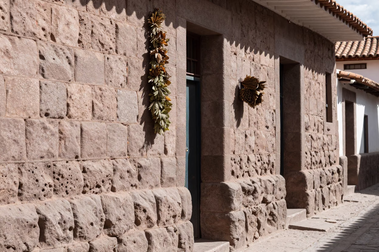 Noon light on Cusco stone walls with dried herbs and flour dust in in Cusco, Peru
