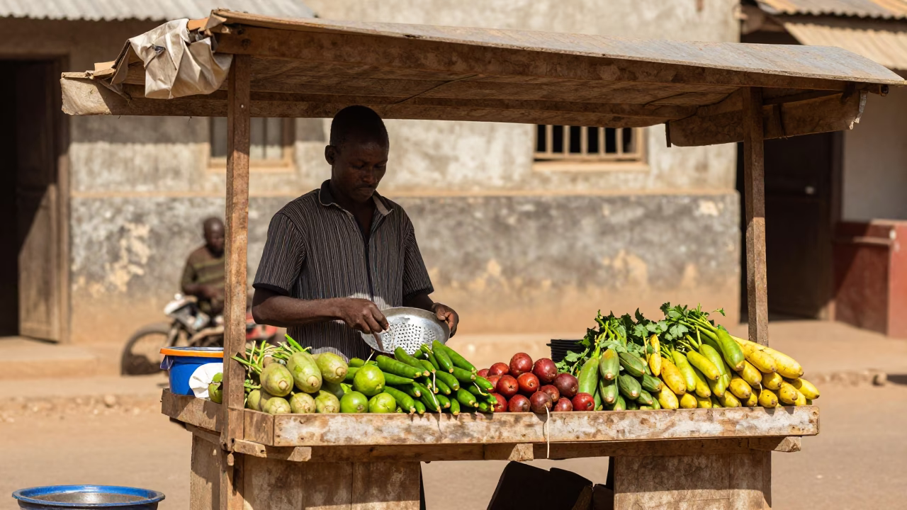 Noon Light on Dakar Street Vendor with Tea Strainer and Local Market Activity in in Dakar, Senegal